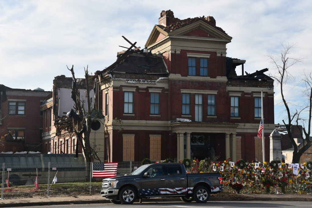 Damage from the tornado outbreak that occurred across Kentucky and Tennessee in December 2021.