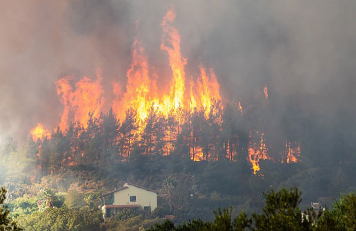 wildfire burning very close to a house